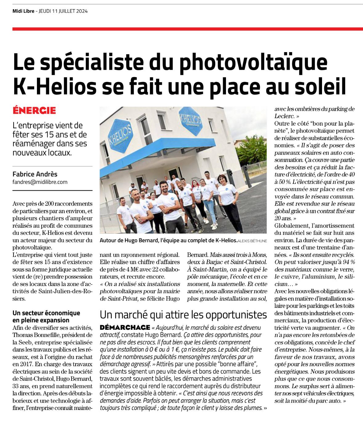 K-HELIOS fête ses 15 ans, le midi libre immortalise l'évènement au travers d'un article